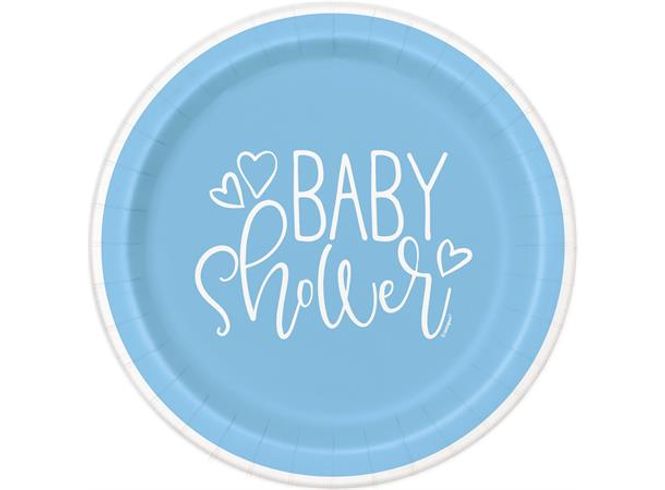 Hovedbilde Blå hjerte Baby Shower 8 Runde tallerkener i papp ...