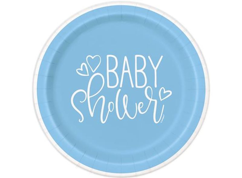 Blå hjerte Baby Shower 8 Runde tallerkener i papp - 23cm