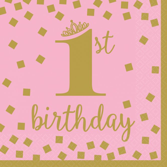 Hovedbilde 1st Birthday servietter rosa og gull 16 pk