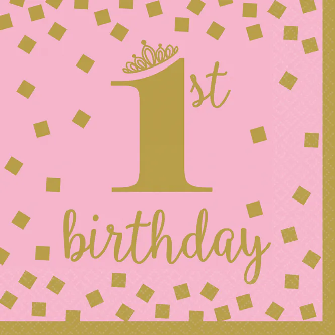Hovedbilde 1st Birthday servietter rosa og gull 16 pk